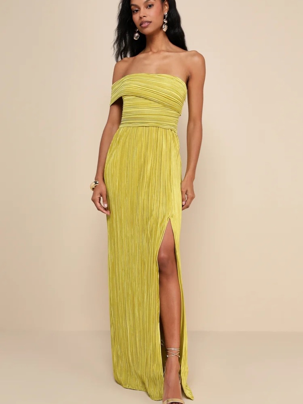off the shoulder chartreuse evening gown